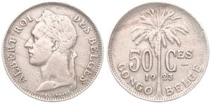 Belgian Congo, Colony, Albert I, 50 Centimes Copper-Nickel 1923/22, Laureate head of the King left, KM 22 French Legend, VF