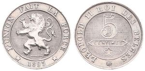 Belgium, Kingdom, Leopold II, 5 Centimes Copper-Nickel 1895FR, Rampant lion within circle left, Morin 246, A.UNC