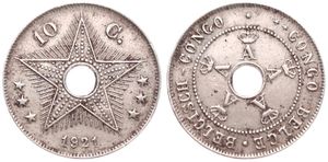 Belgian Congo, Colony, Albert I, 10 Centimes Copper-Nickel 1921, Center hole flanked by crowned monograms within beaded circle, KM 18, A.XF (Struck at Heaton / Birmingham) 