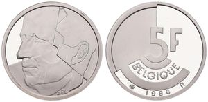 Belgium, Kingdom, Baudouin I, Restrike : 5 Francs Silver 1986FR, Head left, GR-BR 3980, PROOF