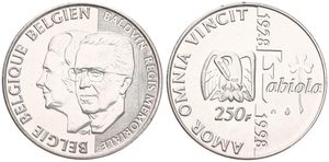 Belgium, Kingdom, Albert II, 250 Francs Silver 1998, 70th Birthday of Queen Fabiola & 5th Anniversary of the Death of King Baudouin I, Morin 976, UNC
