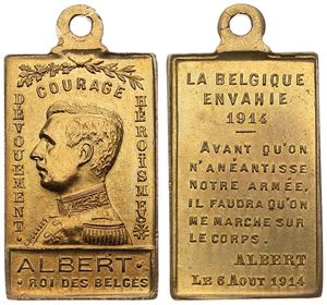 Belgium, Kingdom, Albert I, Medal in Brass 1914 by L. Pousset, Dévouement - Courage - Héroïsme, Uniformed bust of King Albert I left / Legend in 11 lines, UNC