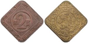 Belgium, Kingdom, Gent, 2 Franken Brass Plated Iron 1915, Emergency Issue - Rampant Lion within circle / Legend : Uitbetaalbaar op 1 januari 1918, KM Tn4 (Thick Lion), XF