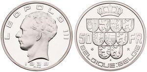 Belgium, Kingdom, Leopold III, Restrike : 50 Francs Silver 1939FR/FL, Head left, GR-BR 3974, PROOF