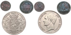Belgium, Kingdom, Leopold I, Nice lot with 3 different scarcer coins from Leopold I : 1 Centime 1856, 2 Centimes 1855 & 5 Francs 1858, all F/VF