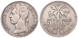 Belgian Congo, Colony, Albert I, 50 Centimes Copper-Nickel 1925, Laureate head of the King left, KM 22 French Legend, VF