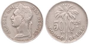 Belgian Congo, Colony, Albert I, 50 Centimes Copper-Nickel 1923, Laureate head of the King left, KM 22 French Legend, A.VF