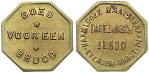 Belgium, Kingdom, Evergem Rabot, Token in Brass ND, Goed voor een Brood / Naamloze Maatschappij Dagelijksch Brood  Evergem Rabot, XF