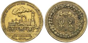 Belgium, Kingdom, Leopold I, Medal in Gilt Bronze 1843 by Hart, Inauguration du Chemin de Fer International Belge-Rhénan, Steam Locomotive / Coat of arms of Aken, VF