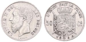 Belgium, Kingdom, Leopold II, 50 Centimes Silver 1866FR, Bearded head left, Morin 180, A.VF