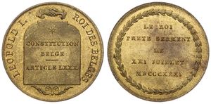 Belgium, Kingdom, Leopold I, Medal in Brass 1831 by Veyrat, Legend ' Constitution Belge Article LXXX ' - Handshake above / Le Roi Prete Serment le XXI Juilliet, A.UNC