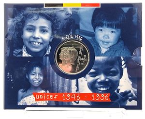 Belgium, Kingdom, Albert II, 5 Ecu Silver 1996, 50th Anniversary of Unicef - For the Children of the World, Morin M/EC30, PROOF in original packaging