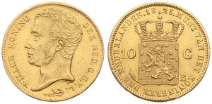Netherlands, Kingdom, William I, 10 Gulden Gold 1825B, Head left / Crowned arms, KM 56 Brussels, XF (*)