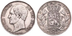 Belgium, Kingdom, Leopold I, 5 Francs Silver 1858, Bare head left, Morin 44, SCARCE KEY DATE, VF