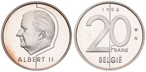 Belgium, Kingdom, Albert II, Restrike : 20 Francs Silver 1994FL, Head left, GR-BR 3982, PROOF 