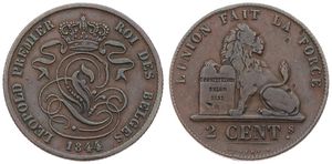 Belgium, Kingdom, Leopold I, 2 Centimes Copper 1844, Seated lion with tablet, Morin 93, SCARCER DATE, VF