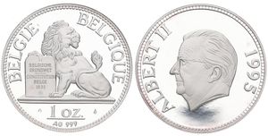 Belgium, Kingdom, Albert II, Medal (1 Oz) in Silver 1995, Seated lion with tablet / Head of King Albert II left, PROOF