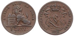 Belgium, Kingdom, Leopold I, 1 Centime Copper 1850, Seated lion with tablet, Morin 123, XF