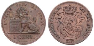 Belgium, Kingdom, Leopold I, 1 Centime Copper 1857, Seated lion with tablet, Morin 125a, XF/AU, VARIETY : WITHOUT DASH UNDER CENT !