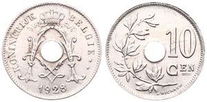 Belgium, Kingdom, Albert I, 10 Centimes Copper-Nickel 1928FL, Center hole within crowned monogram, Morin 350, A.UNC