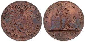 Belgium, Kingdom, Leopold I, 5 Centimes Copper 1859, Seated lion with tablet, Morin 85a, SCARCE VARIETY : WITHOUT CROSS ON CROWN !, XF