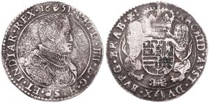 Spanish Netherlands, Philip IV, 1/2 Ducaton Silver 1651, Bust right within circle / Crowned arms with lion supporters, VH 643.AN - Antwerp, Fine (from shipwreck)