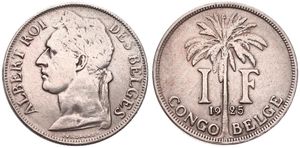 Belgian Congo, Colony, Albert I, 1 Franc Copper-Nickel 1925, Laureate head of the King left, KM 20 French Legend, VF+