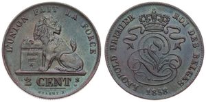 Belgium, Kingdom, Leopold I, 2 Centimes Copper 1858, Seated lion with tablet, Morin 106, XF