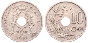 Belgium, Kingdom, Albert I, 10 Centimes Nickel-Brass 1931FL, Center hole within crowned monogram, Morin 427a, SCARCER DATE, A.VF