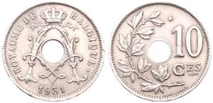 Belgium, Kingdom, Albert I, 10 Centimes Nickel-Brass 1931FR, Center hole within crowned monogram, Morin 426a, A.XF