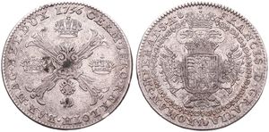 Austrian Netherlands, Franz I, 1 Kronenthaler Silver 1756, Crowned double-headed eagle in Order collar / Floriated cross with 3 crowns and golden fleece, KM 22 - Antwerp, VF
