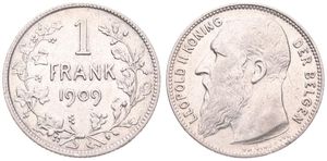 Belgium, Kingdom, Leopold II, 1 Franc Silver 1909FL, Bearded head left, Morin 201a, VARIETY WITHOUT DOT IN ENGRAVERS NAME & DOUBLE 2nd 9 IN DATE, XF