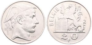 Belgium, Kingdom, Baudouin I, 20 Francs Silver 1953FL, Helmeted head of Mercurius right, Morin 546, UNC