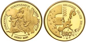 Belgium, Kingdom, Albert II, 5000 Francs Gold 2001, Belgian Presidency of the European Union, Morin 999, PROOF in original box including certificate of authenticity (*)