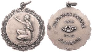 Belgium, Kingdom, Prince Charles, Medal in Silver 1949 by E. De Bremaecker, 30th Anniversaire Federation Postale - Postbond, Seated woman with laurel branch / Legend in 5 lines, XF