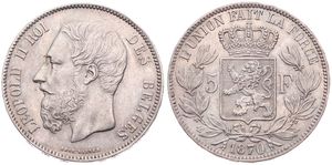 Belgium, Kingdom, Leopold II, 5 Francs Silver 1870, Bearded head left, Morin 157, A.XF