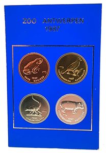 Belgium, Kingdom, Baudouin I, Official Annual Coin Set 1987 from the ZOO in Antwerp with 4 animal tokens, good for 10 entrances to the Zoo (still valuable), UNC in original blister