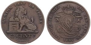 Belgium, Kingdom, Leopold I, 2 Centimes Copper 1844, Seated lion with tablet, Morin 93a, SCARCER DATE & VARIETY WITH DOT AFTER BRAEMT F., VF