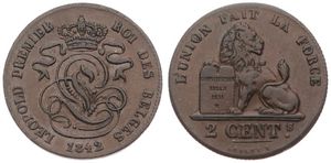Belgium, Kingdom, Leopold I, 2 Centimes Copper 1842, Seated lion with tablet, Morin 92, SCARCER DATE & VARIETY : ACCENT / ON E IN LEOPOLD, A.XF