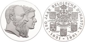 Belgium, Kingdom, Baudouin I, Medal in Silver 1981 by V.B., 150 Years Belgian Dynasty, Conjoined busts of King Leopold II & Queen Maria-Hendrika / Belgian Coat of Arms, PROOF 
