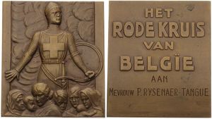 Belgium, Kingdom, Leopold III, Medal in Bronze ND (1940) by Jean Droit, Belgian Red Cross, Knight with red cross, shield and sword - people below / Legend in 6 lines, A.UNC