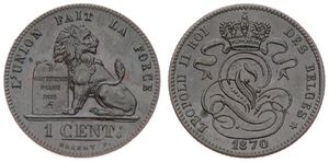 Belgium, Kingdom, Leopold II, 1 Centime Copper 1870FR, Seated lion with tablet, Morin 220, UNC