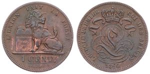 Belgium, Kingdom, Leopold I, 1 Centime Copper 1860, Seated lion with tablet, Morin 128, XF