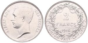 Belgium, Kingdom, Albert I, 2 Francs Silver 1910FR, Head left, Morin 283, XF