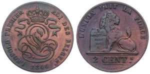 Belgium, Kingdom, Leopold I, 2 Centimes Copper 1846, Seated lion with tablet, Morin 95, A.XF