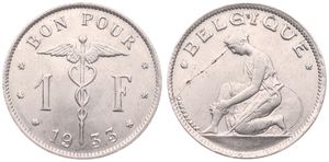 Belgium, Kingdom, Albert I, 1 Franc Nickel 1933FR, Kneeling woman left, Morin 406, A.UNC
