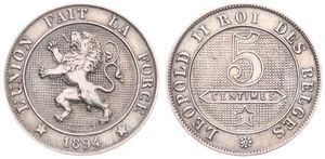 Belgium, Kingdom, Leopold II, 5 Centimes Copper-Nickel 1894FR, Rampant lion within circle left, Morin 244, A.UNC