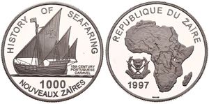 Zaire, Republic, 1000 Nouveaux Zaires Silver 1997, History of Seafaring - Portuguese Sailing Ship Caravel, KM 24, PROOF