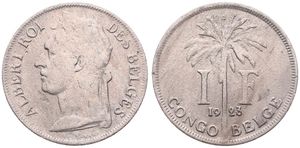 Belgian Congo, Colony, Albert I, 1 Franc Copper-Nickel 1923/22, Laureate head of the King left, KM 20 French Legend, VF