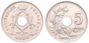 Belgium, Kingdom, Albert I, 5 Centimes Copper-Nickel 1922/12FL, Center hole within crowned monogram, Morin 362b, UNC